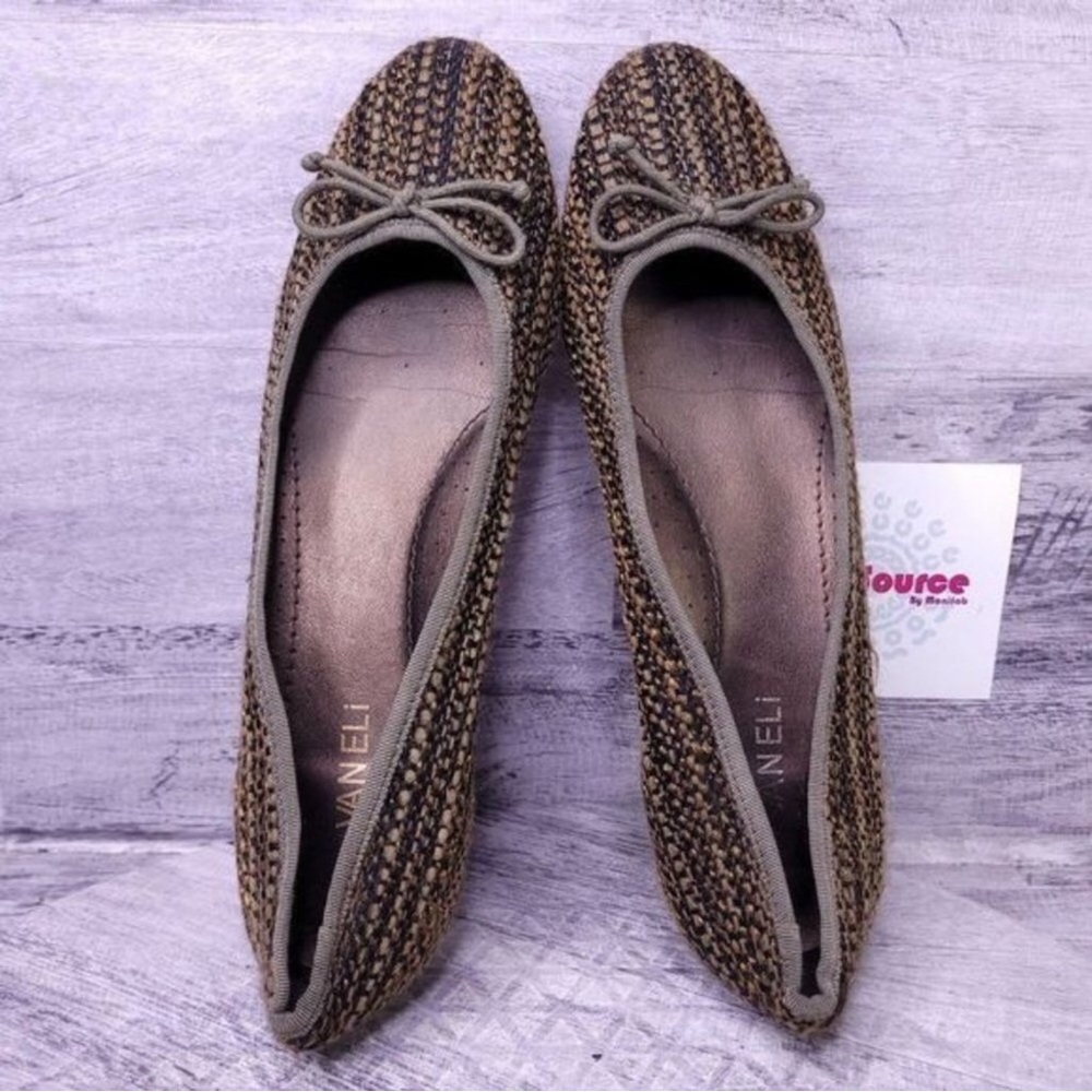 Vaneli Woven Textile Slip on Bow Ballet Flat Brown Green Women's sz 11.5 Narrow